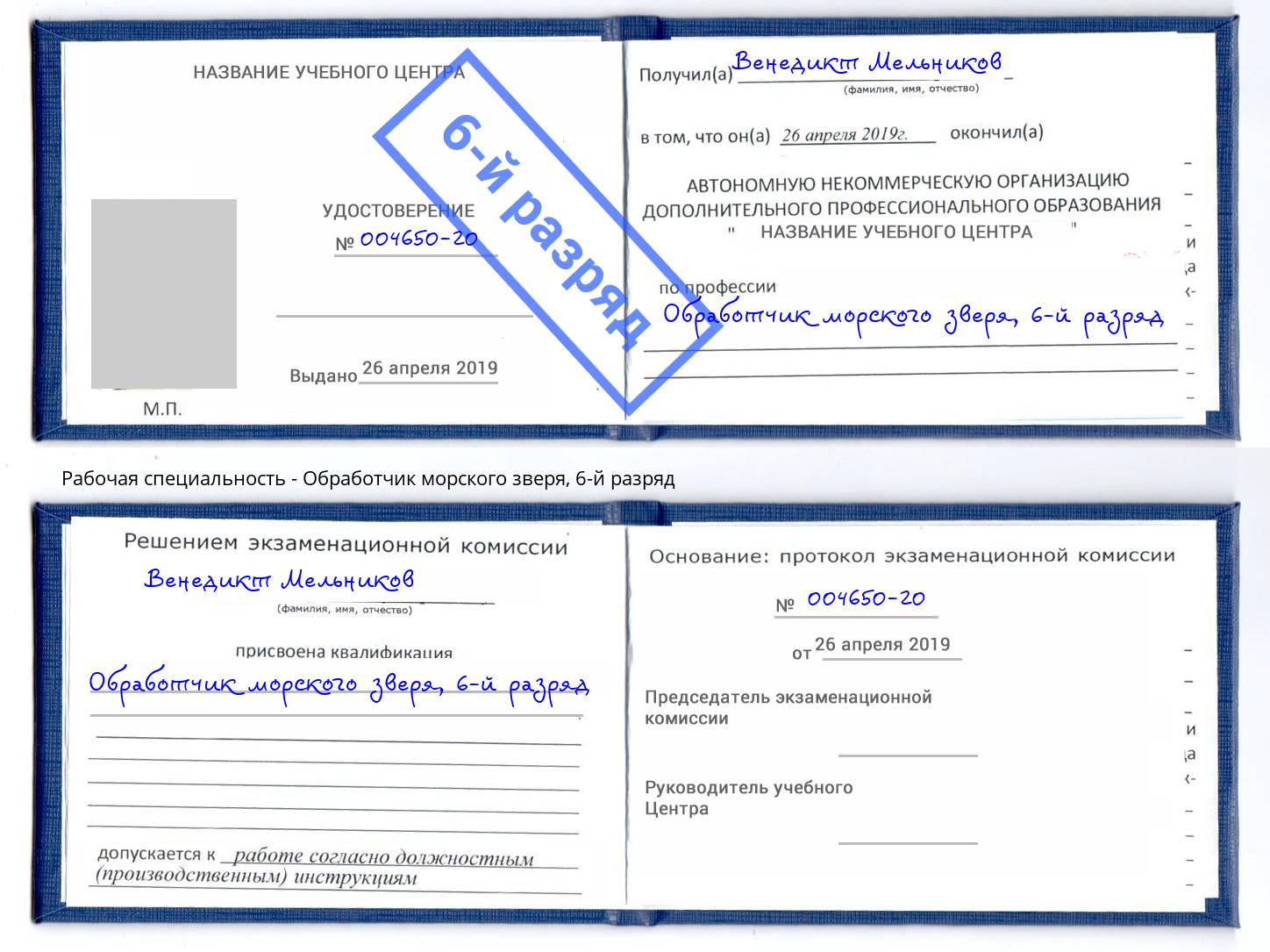 корочка 6-й разряд Обработчик морского зверя Кунгур