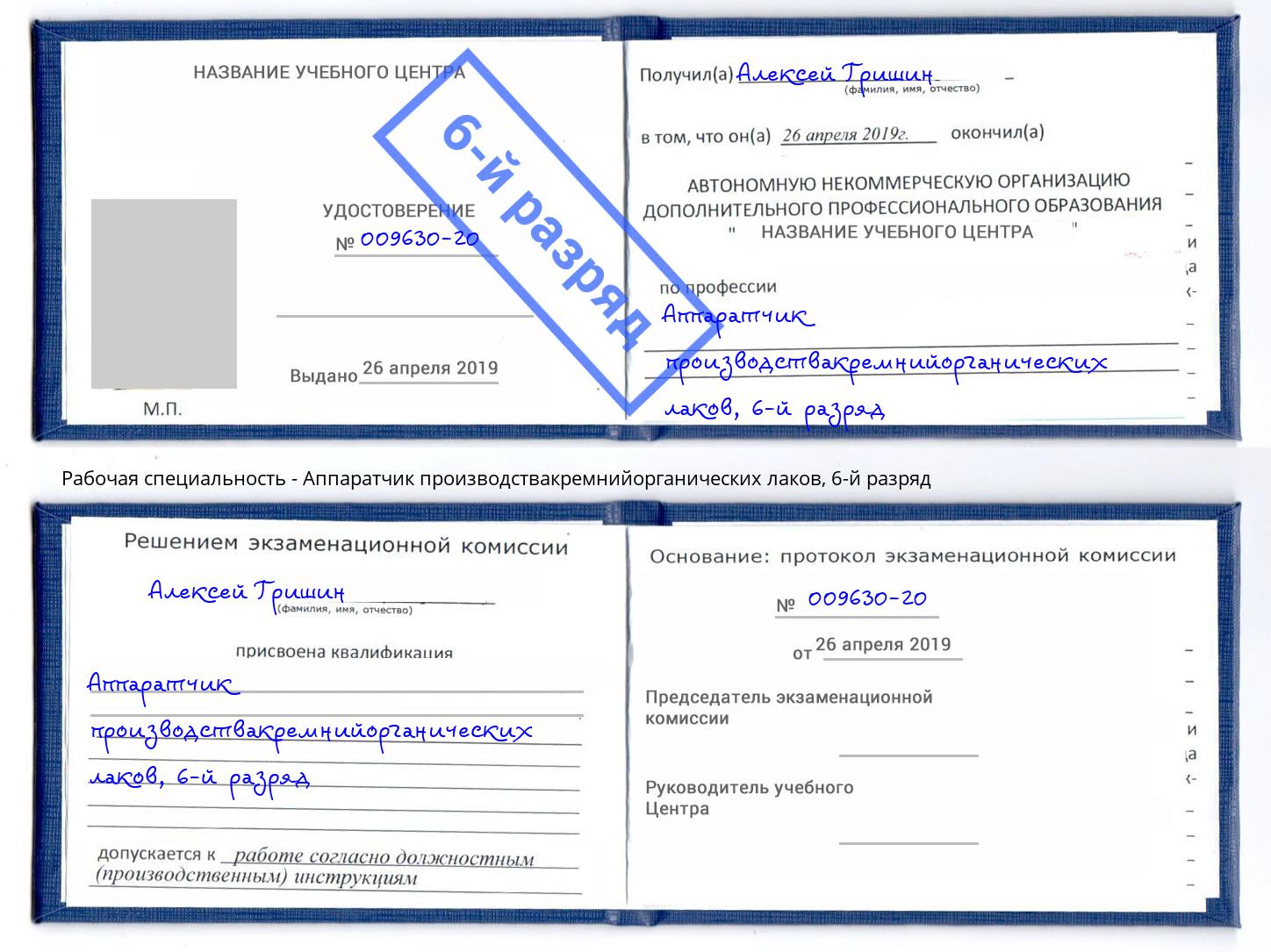 корочка 6-й разряд Аппаратчик производствакремнийорганических лаков Кунгур