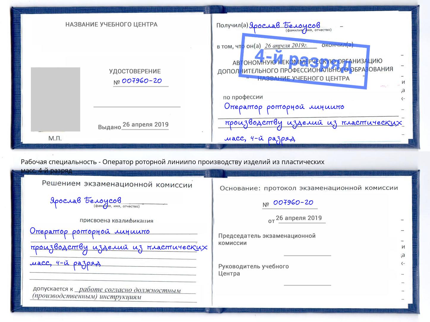 корочка 4-й разряд Оператор роторной линиипо производству изделий из пластических масс Кунгур