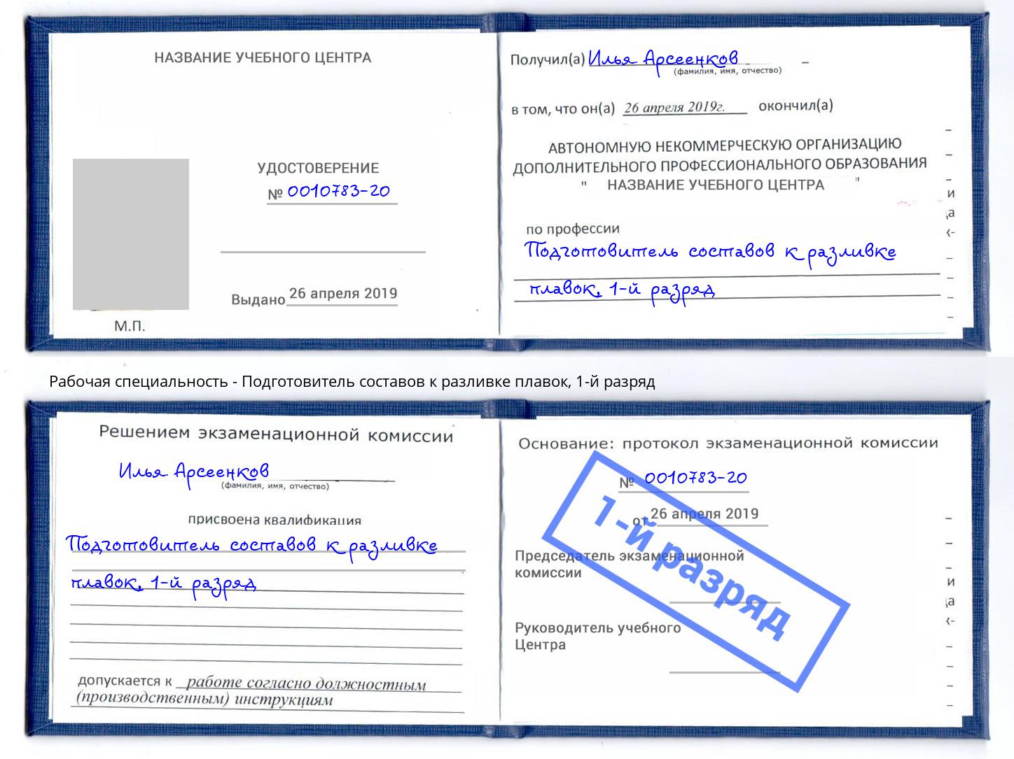 корочка 1-й разряд Подготовитель составов к разливке плавок Кунгур