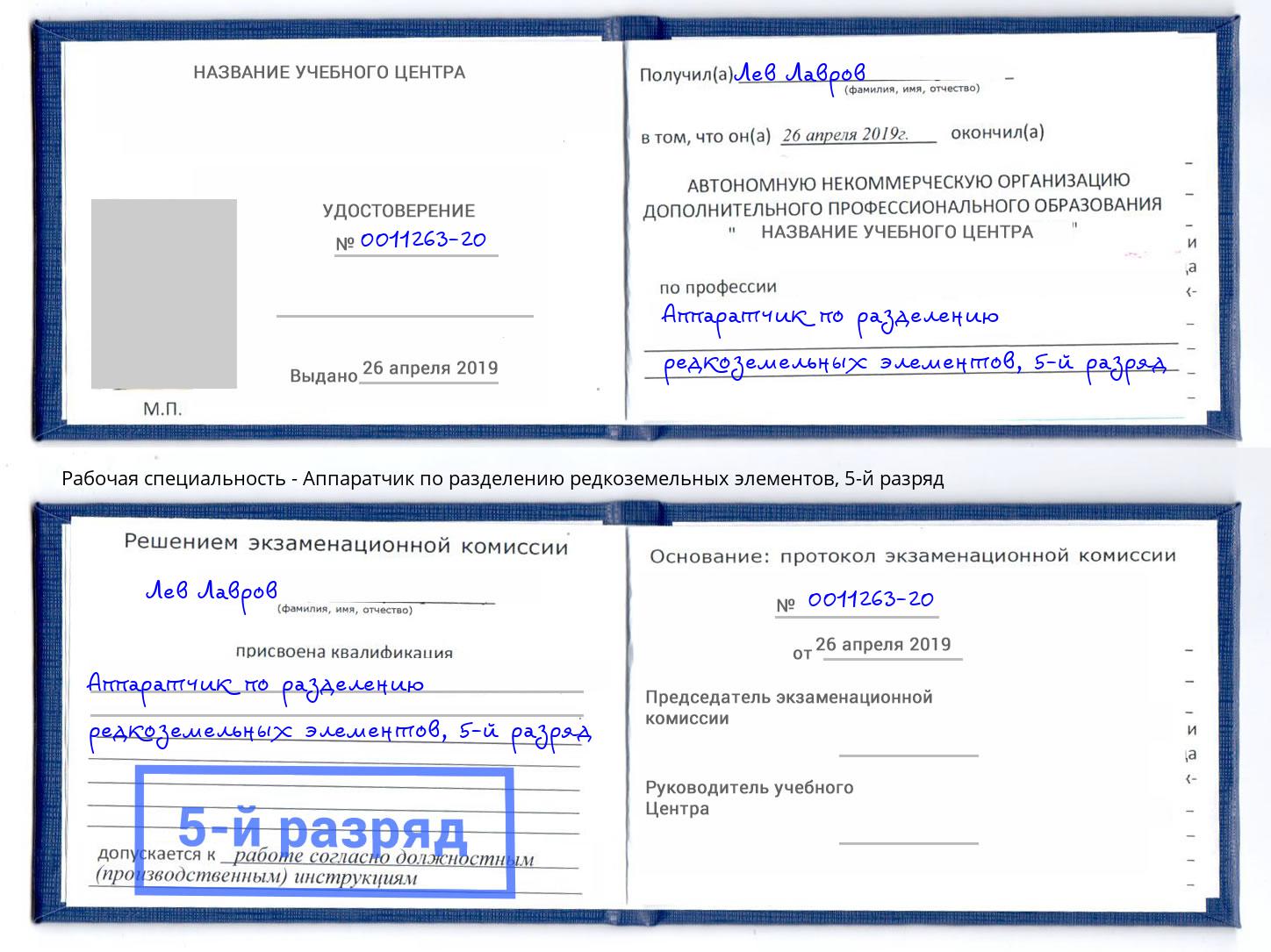 корочка 5-й разряд Аппаратчик по разделению редкоземельных элементов Кунгур